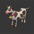 Cartoon Cow with Brown Spots Red Collar and Bell Standing on Dark Background