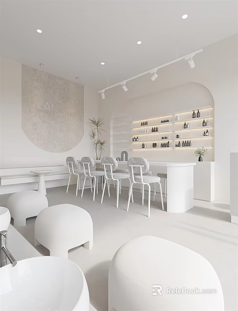 Modern Minimalist Beauty Hair Salon With White Furniture Curved Wall And Product Shelves 3d model 