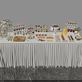 Elegant Food Display Table With Various Desserts Floral Decor And White Tablecloth