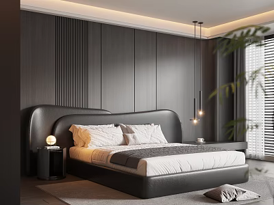 Modern Bedroom Interior Design With Dark Panel Walls Black Headboard White Bedding And Pendant Lights 3d model