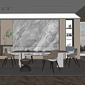 Modern Restaurant Interior With Marble Feature Wall Dining Table Chairs And Pendant Lighting