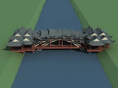 Traditional Chinese Covered Bridge With Wooden Architecture And Multiple Curved Roofs Over River 3d model