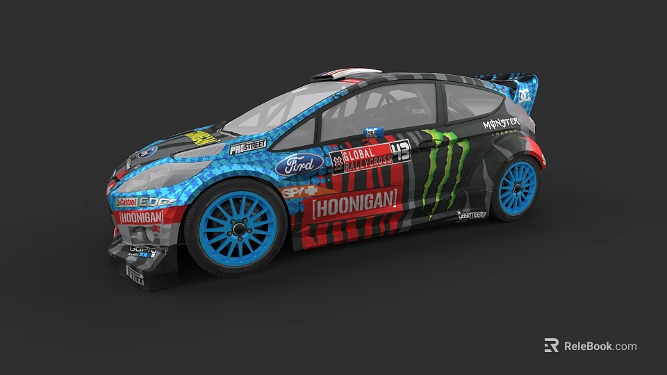 Ford Rally Car With Monster Hoonigan Logos Blue Wheels And Colorful Graphics 3d model 