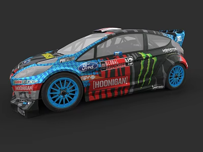 Ford Rally Car With Monster Hoonigan Logos Blue Wheels And Colorful Graphics 3d model