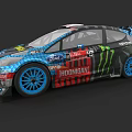 Ford Rally Car With Monster Hoonigan Logos Blue Wheels And Colorful Graphics