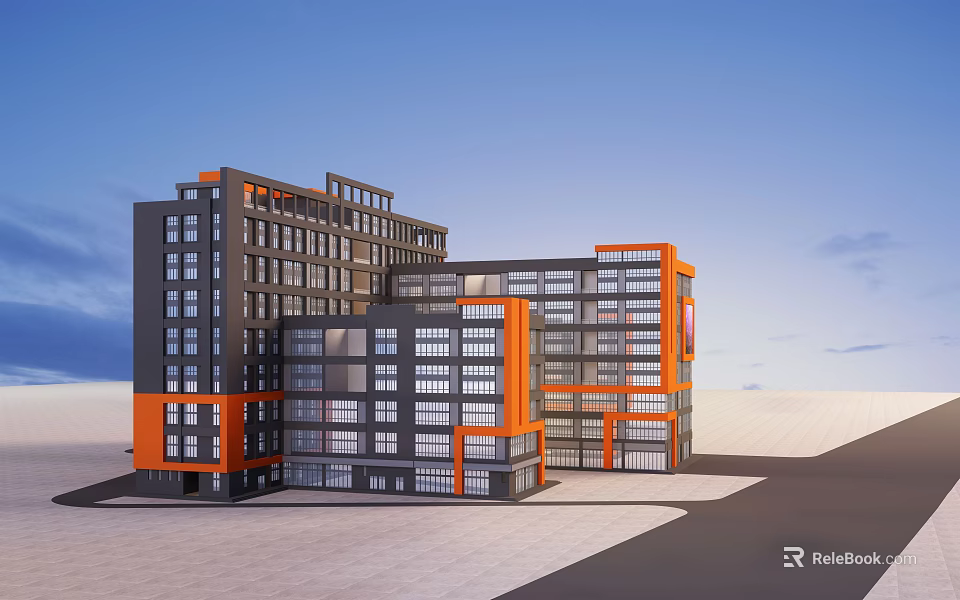Modern Office Building Exterior Design With Gray And Orange Facade And Glass Windows Multi Story 3d model 