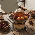 Elegant Copper Tea Set with Fruits Nuts and Small Cups on Wooden Table in Natural Light