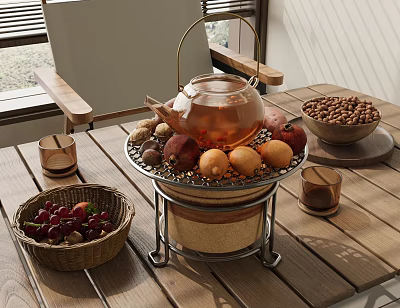 Elegant Copper Tea Set with Fruits Nuts and Small Cups on Wooden Table in Natural Light 3d model