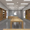 Digital Store Modern Interior With Bright Lighting Wooden Tables Apple Logo And Electronic Devices
