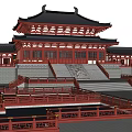 Ancient Chinese Architecture with Traditional Roofs Red Walls and Surrounding Green Grassland Against Distant Mountains