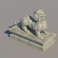 Traditional Stone Lion Landscape Sculpture With Detailed Base On Outdoor Gray Stone Tiled Ground