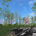 Garden Landscape Design For Parking Area With Mixed Trees Pink Blossoms And Green Hedges