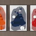 Three Panel Modern Wall Decor with Orange Blue Red Balls and Striped Background 3d model