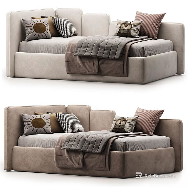 Cozy Modern Kids Bed With Soft Cushions And Warm Gray Blanket Design 3d model 