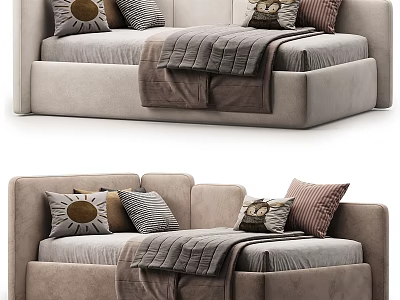 Cozy Modern Kids Bed With Soft Cushions And Warm Gray Blanket Design 3d model