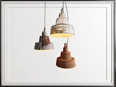 Three Unique Pendant Lights With Textured Wooden Metallic And Woven Design Details 3d model
