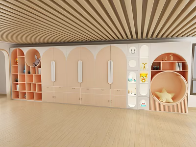 Kids Room With Light Pink Integrated Storage Cabinets Circular Arched Designs And Cartoon Stickers 3d model