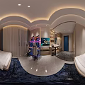 Gaming Hotel Guest Room with Dual Computers Gaming Chairs Two Beds and Modern Lighting