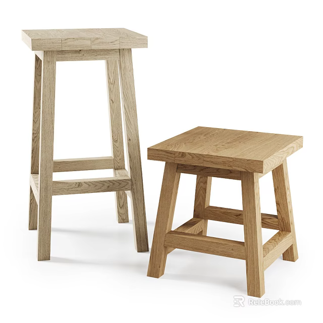 Natural Oak Wooden Stools With Two Different Heights And Simple Design 3d model