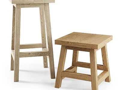 Natural Oak Wooden Stools With Two Different Heights And Simple Design 3d model