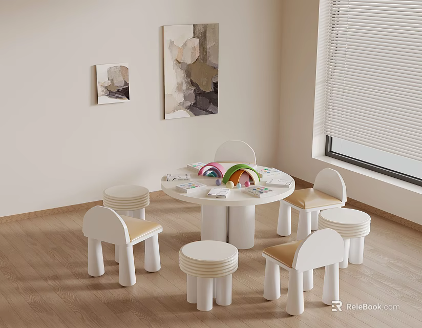 Bright Kids Room Table And Chairs Set With Round White Table Colorful Toys Wooden Floor 3d model 