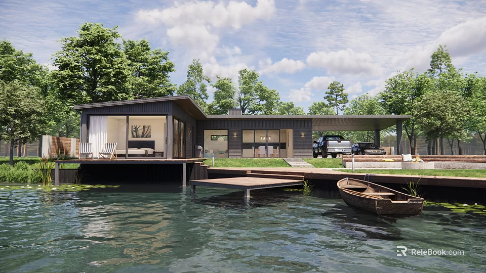 Waterfront Detached Villa With Modern Design Large Windows Wooden Dock Trees And Boat 3d model 