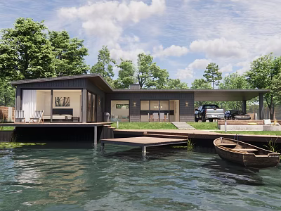 Waterfront Detached Villa With Modern Design Large Windows Wooden Dock Trees And Boat 3d model