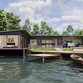 Waterfront Detached Villa With Modern Design Large Windows Wooden Dock Trees And Boat