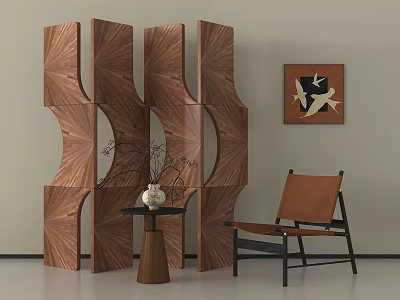 Wooden Room Divider with Geometric Fan Shaped Panels Brown Leather Chair and Abstract Wall Art 3d model