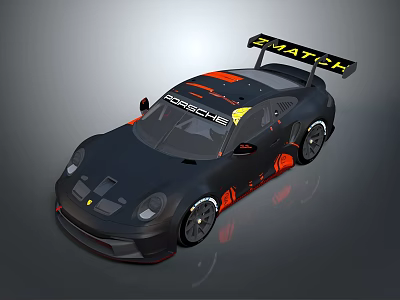 Black Porsche Race Car With Orange Accents And SWATCH Roof Logo 3d model