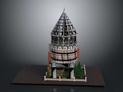 Unique Architectural Model With Pointed Glass Roof Red Brick Base Entrance And Green Trees 3d model