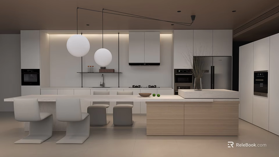 Modern Open Restaurant Kitchen Interior With White Cabinets Island And Pendant Lights 3d model 