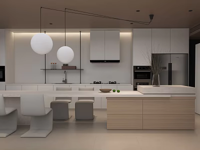 Modern Open Restaurant Kitchen Interior With White Cabinets Island And Pendant Lights 3d model