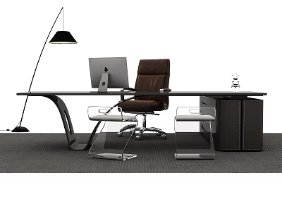 Modern Office Desk Setup With iMac Brown Leather Chair Floor Lamp And Stools 3d model
