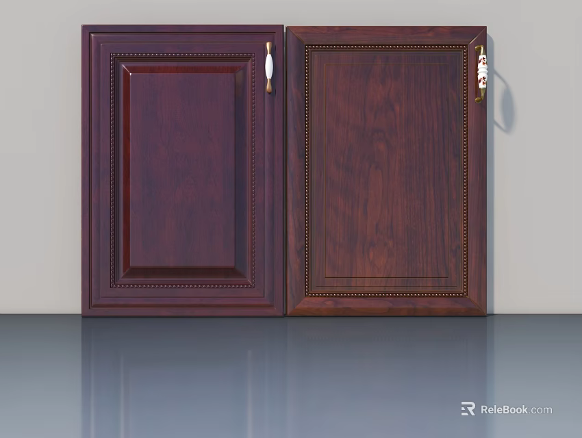 Dark Brown Wooden Hinged Doors With Decorative Panels And Metal Handles 3d model 