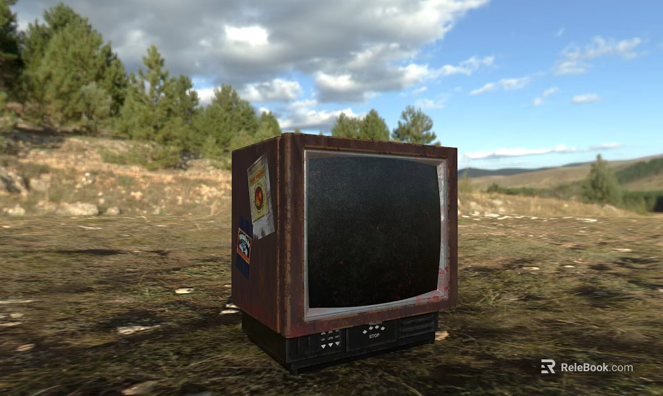 Old Rusty Television In Outdoor Grassy Field With Trees And Cloudy Sky 3d model 