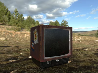 Old Rusty Television In Outdoor Grassy Field With Trees And Cloudy Sky 3d model