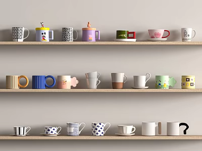 Vibrant Mugs Displayed On Shelves With Various Colors Patterns And Shapes 3d model