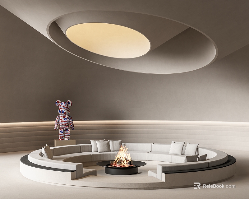 Unique Shaped Sofa In Modern Living Room With Circular Fireplace And Round Ceiling Light 3d model 