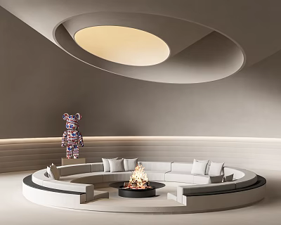 Unique Shaped Sofa In Modern Living Room With Circular Fireplace And Round Ceiling Light 3d model