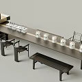 Elegant Modern Tea Table And Chairs Design With Long Wooden Bench And White Candle Holders
