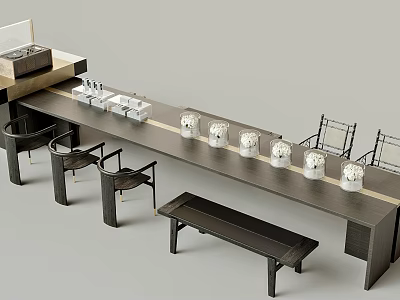 Elegant Modern Tea Table And Chairs Design With Long Wooden Bench And White Candle Holders 3d model