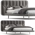 Modern Gray Double Bed With Upholstered Stitched Headboard And Metal Frame
