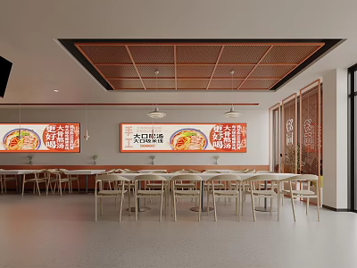 Modern Restaurant Interior With Red Food Posters Open Space Tables And Chairs 3d model
