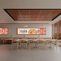 Modern Restaurant Interior With Red Food Posters Open Space Tables And Chairs