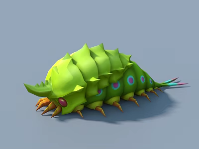 Detailed Green Caterpillar Game Anime Character With Spikes Colorful Spots And Red Eyes 3d model