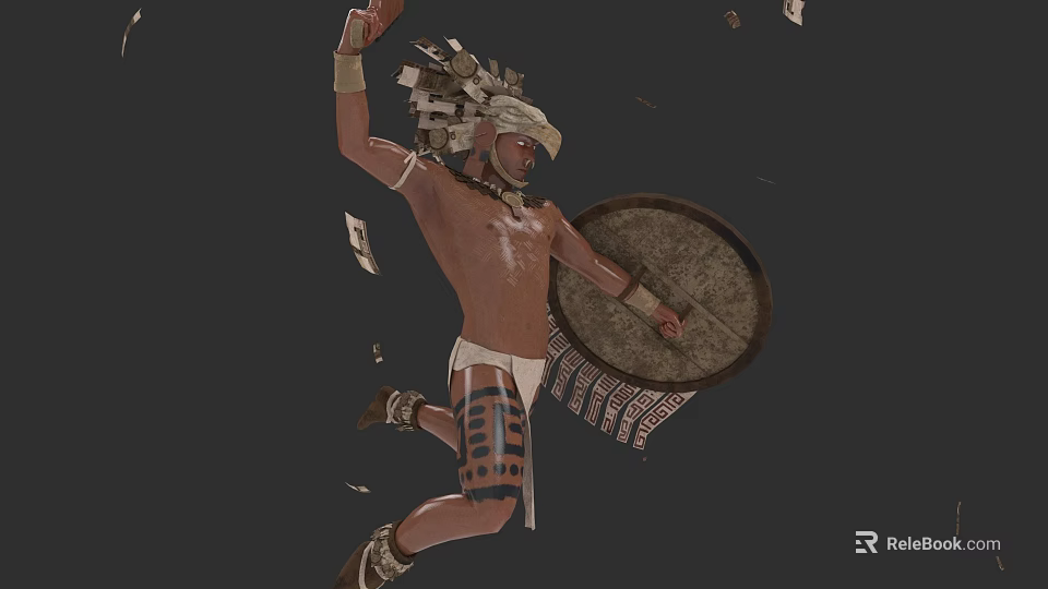 Ancient Traditional Warrior Shield With Feathered Headdress And Flying Fragments In Dynamic Pose 3d model 