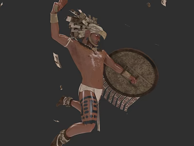 Ancient Traditional Warrior Shield With Feathered Headdress And Flying Fragments In Dynamic Pose 3d model