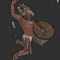 Ancient Traditional Warrior Shield With Feathered Headdress And Flying Fragments In Dynamic Pose