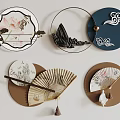 Chinese Style Wall Decor with Round Panels Fan Elements Traditional Patterns and Tassel Accents 3d model
